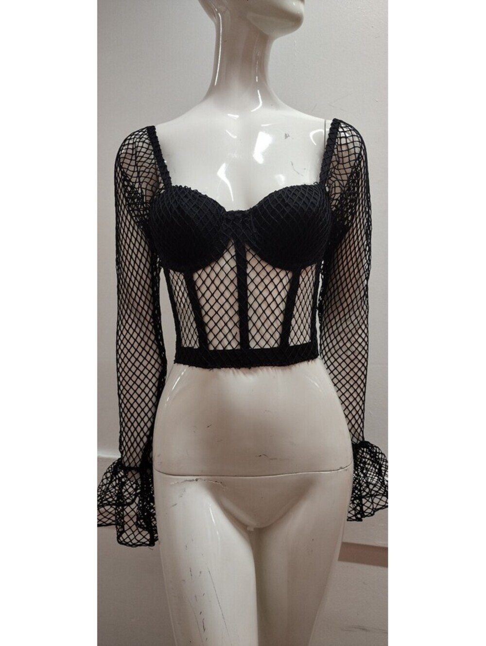 Black Fishnet Corsetry 34B S Bustier Bell Sleeve MADONNA ERA Vintage GELMART 80s